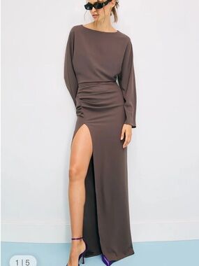 Sleek Brown Long Sleeve Maxi Dress with High Side Slit